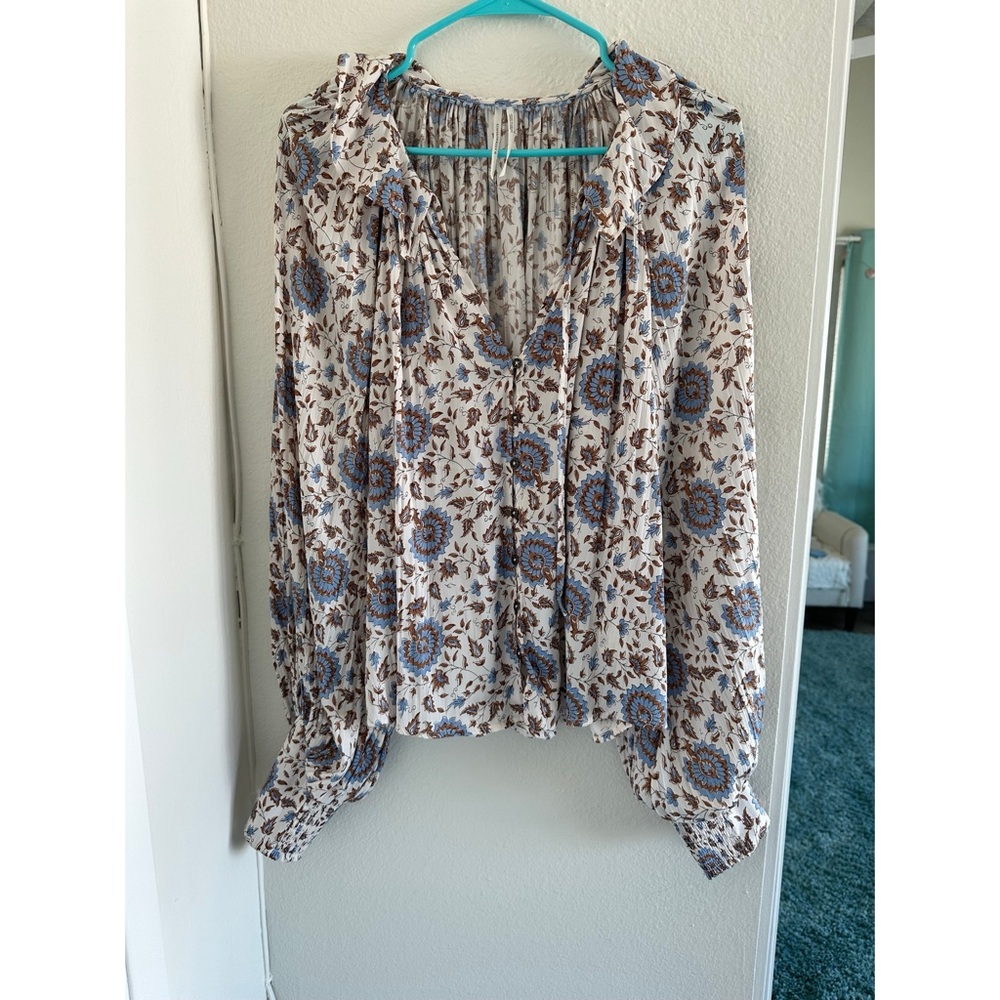 Anthropologie Floral Ruffle Blouse M – Boho Print Long Sleeve Button Top